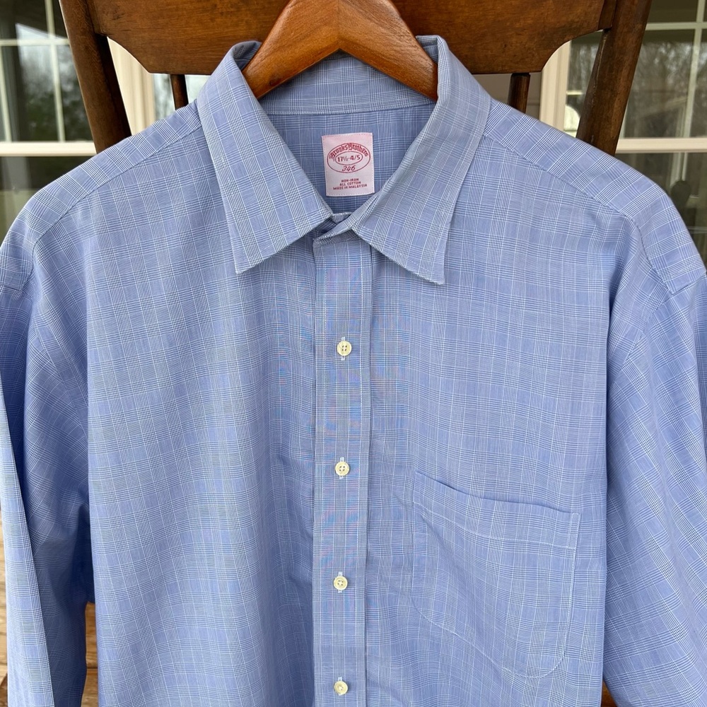 Brooks Brothers 346 Mens Blue Subtle Check Long Sleeve Cotton Dress Shirt 17 1/2